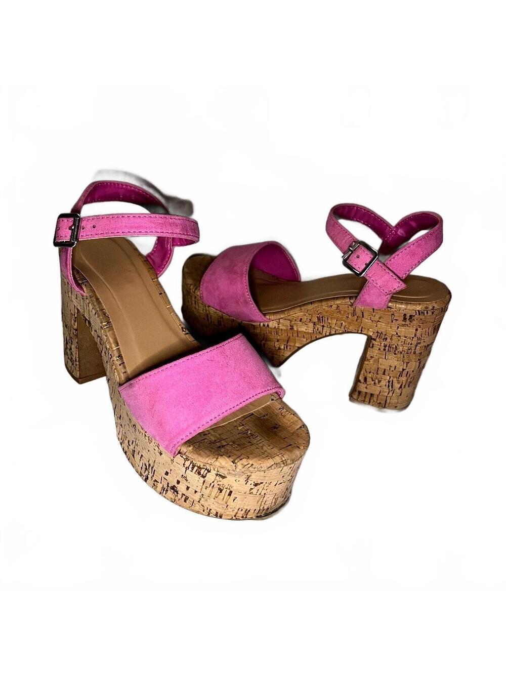 Bamboo Pink Suede Platform Sandals with Cork Heel Size 8